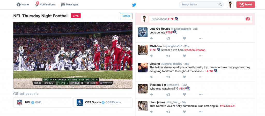 A screenshot of Twitter's live streaming NFL product in 2016.