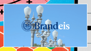 Brandeis logo over image of lights