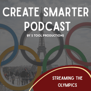 Podcast graphic with Olympic rings