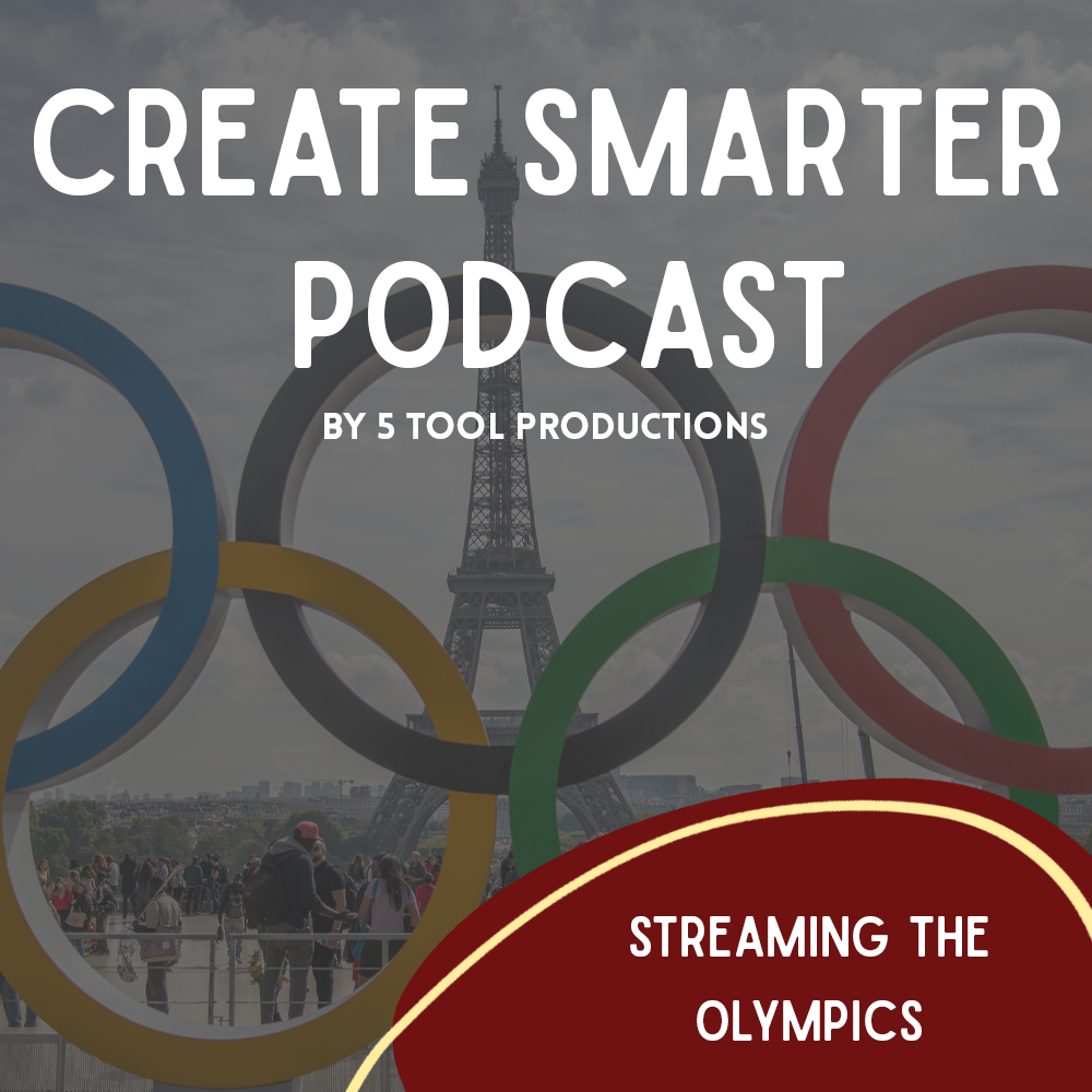 Podcast graphic with Olympic rings