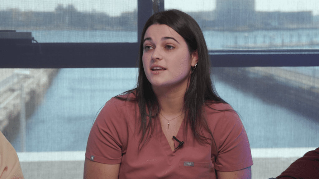 Woman talking during a round table conversation